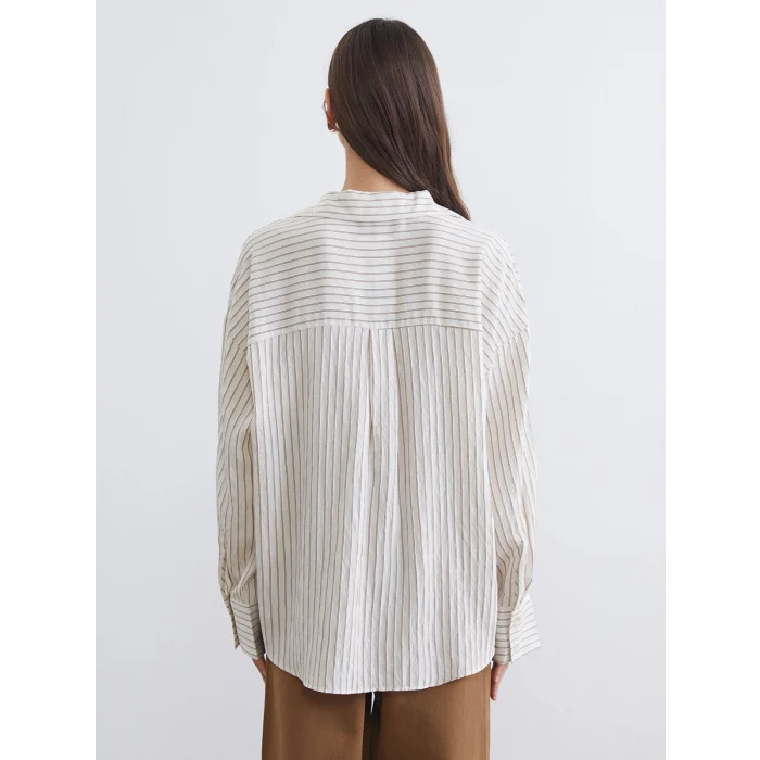 LCW Vision Ekru Çizgili Oversize Kadın Gömlek