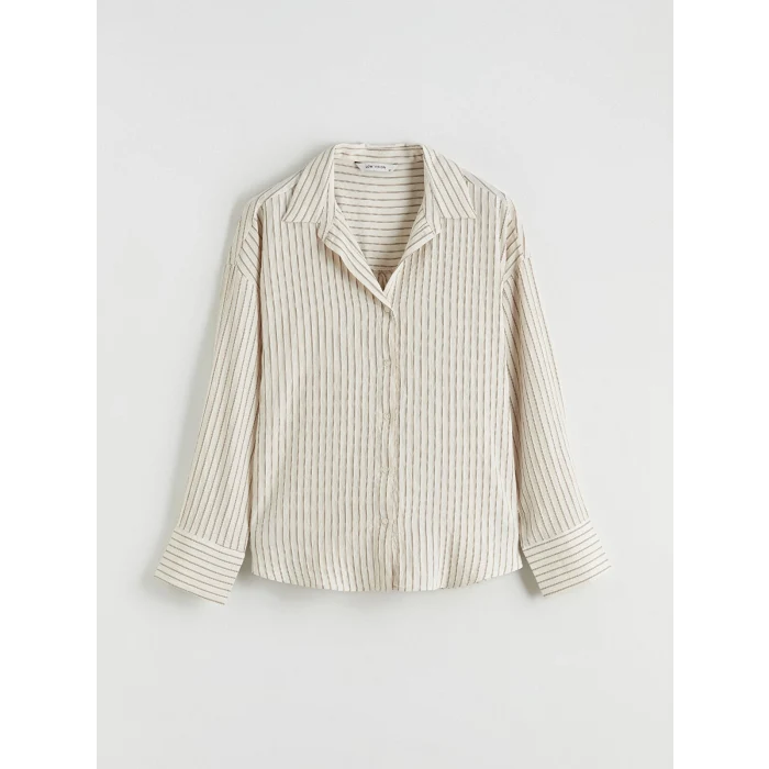 LCW Vision Ekru Çizgili Oversize Kadın Gömlek