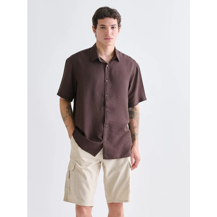 XSIDE Kahverengi Regular Fit Kısa Kollu Viskon Erkek Gömlek