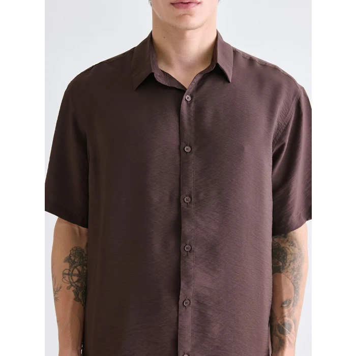 XSIDE Kahverengi Regular Fit Kısa Kollu Viskon Erkek Gömlek