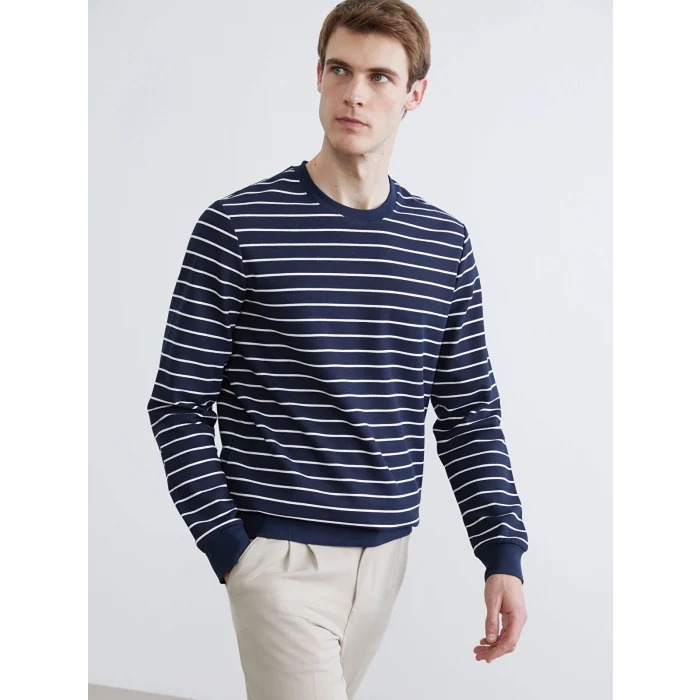 SOUTHBLUE Lacivert Bisiklet Yaka Çizgili Erkek Sweatshirt