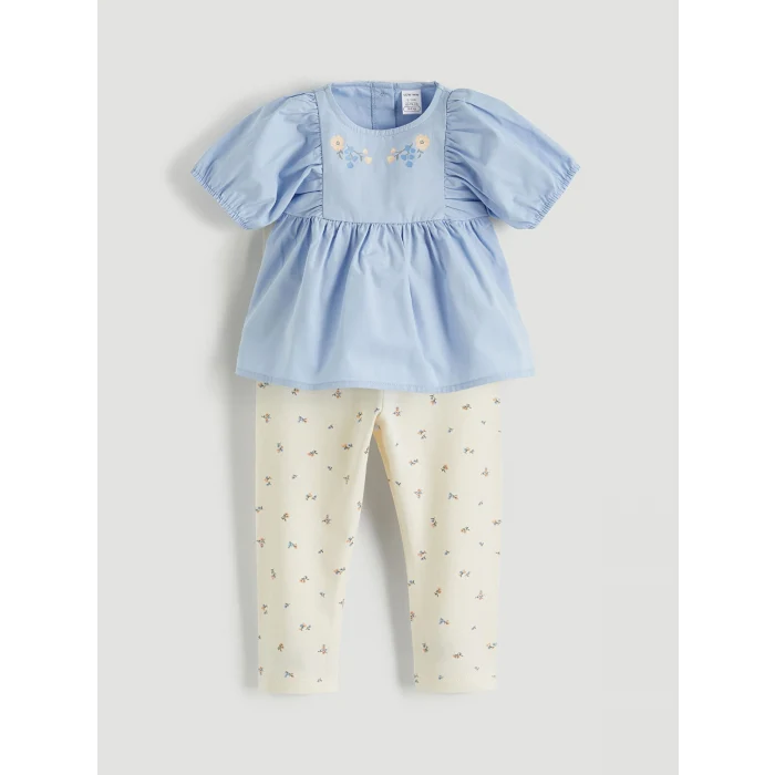 LCW baby Mavi Çiçekli Kız Bebek Bluz ve Tayt