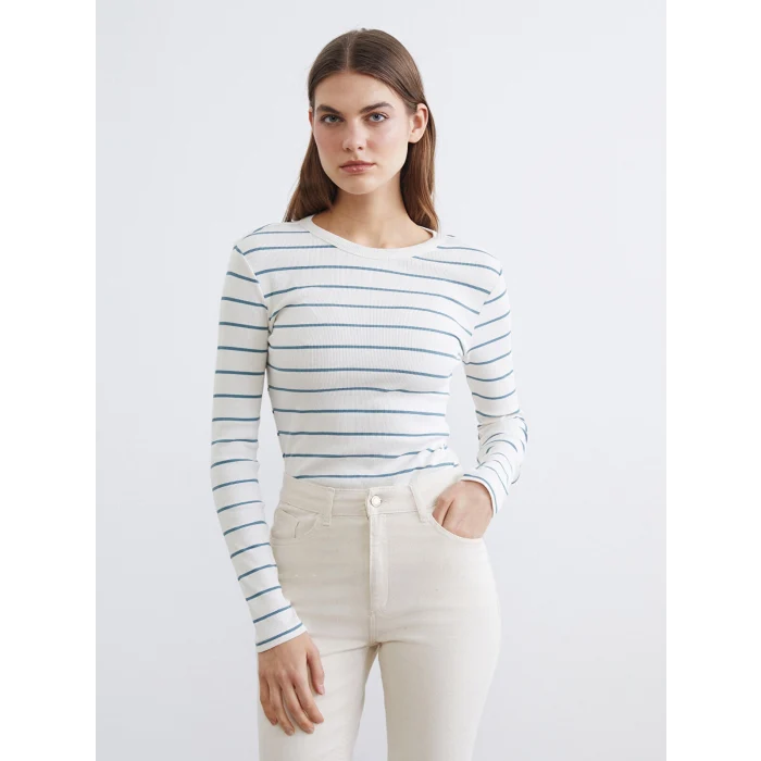 LCWAIKIKI Basic Yeşil Bisiklet Yaka Çizgili Kadın Body