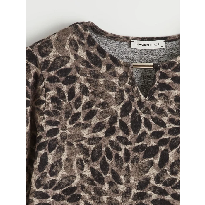 LCW Grace Bej Bisiklet Yaka Desenli Bluz