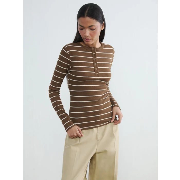 LCWAIKIKI Classic Kahverengi Bisiklet Yaka Çizgili Kadın Body