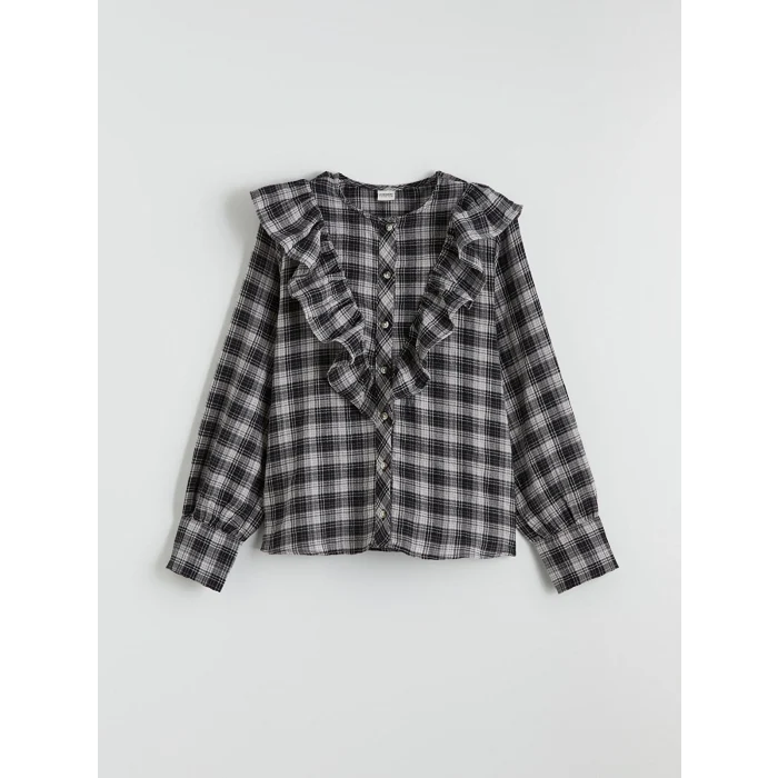 LCW Kids Ekru Kız Çocuk Ekose Fırfırlı Poplin Gömlek