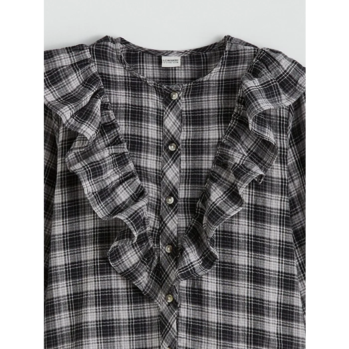 LCW Kids Ekru Kız Çocuk Ekose Fırfırlı Poplin Gömlek