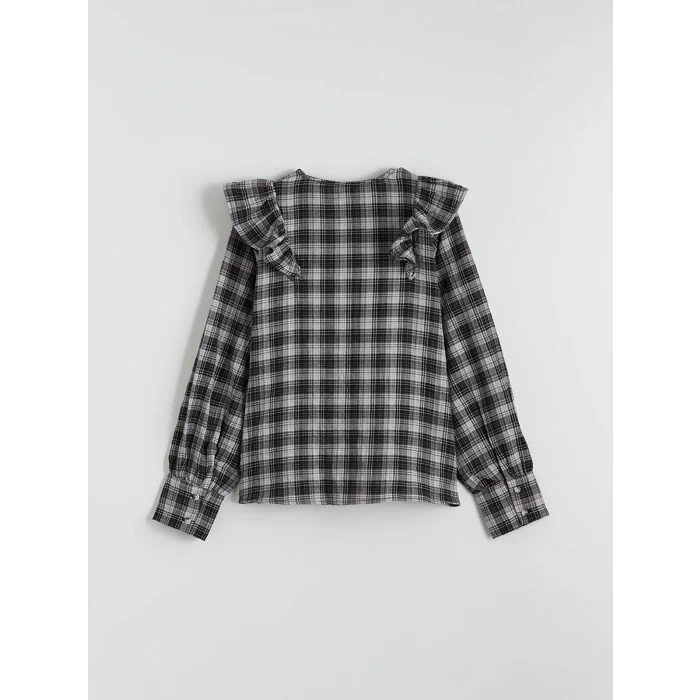 LCW Kids Ekru Kız Çocuk Ekose Fırfırlı Poplin Gömlek