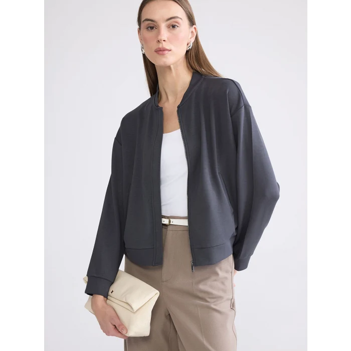 LCWAIKIKI Basic Antrasit Kolej Yaka Oversize Kadın Fermuarlı Sweatshirt