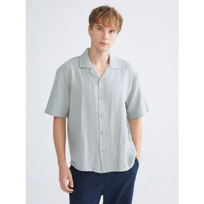 XSIDE Yeşil Rahat Kalıp Resort Yaka Kısa Kollu Müslin Erkek Gömlek