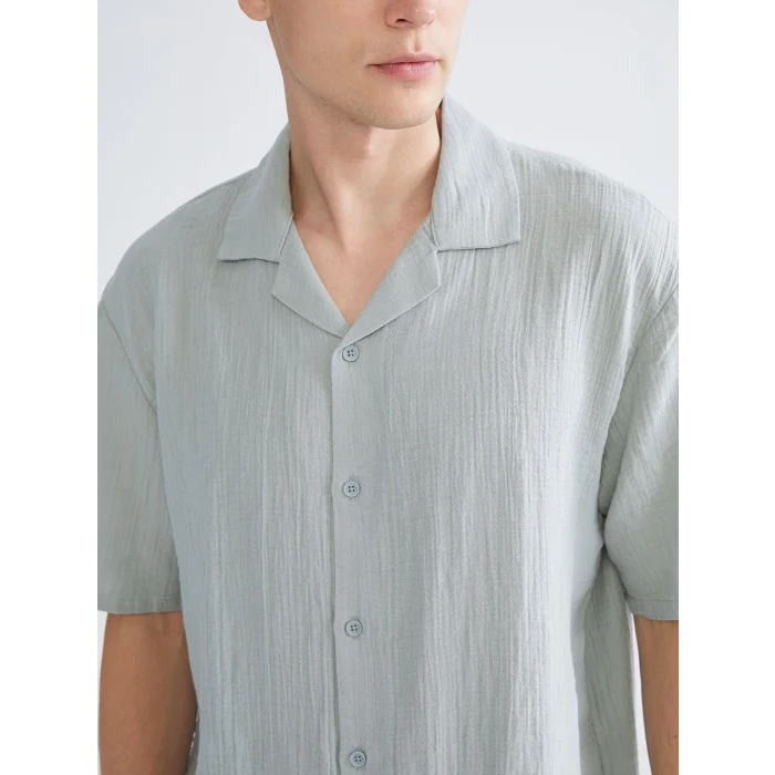 XSIDE Yeşil Rahat Kalıp Resort Yaka Kısa Kollu Müslin Erkek Gömlek
