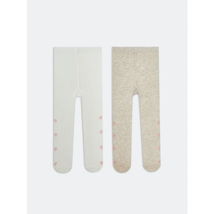 LCW baby Ekru Çiçek Desenli Kız Bebek Külotlu Çorap 2li