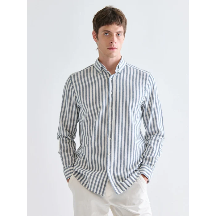 SOUTHBLUE Lacivert Regular Fit Çizgili Keten Görünümlü Erkek Gömlek