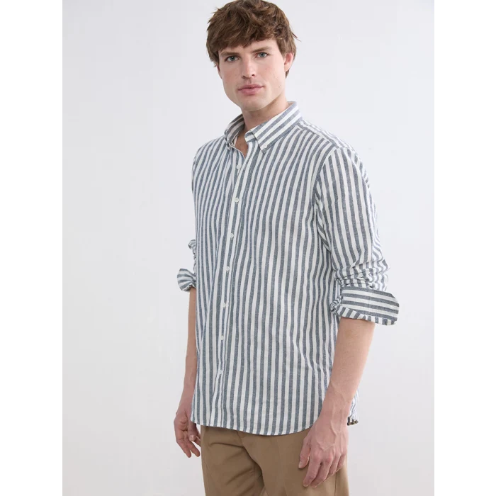 SOUTHBLUE Lacivert Regular Fit Çizgili Keten Görünümlü Erkek Gömlek