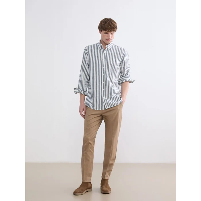 SOUTHBLUE Lacivert Regular Fit Çizgili Keten Görünümlü Erkek Gömlek