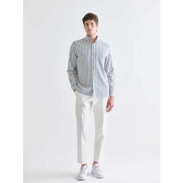 SOUTHBLUE Lacivert Regular Fit Çizgili Keten Görünümlü Erkek Gömlek