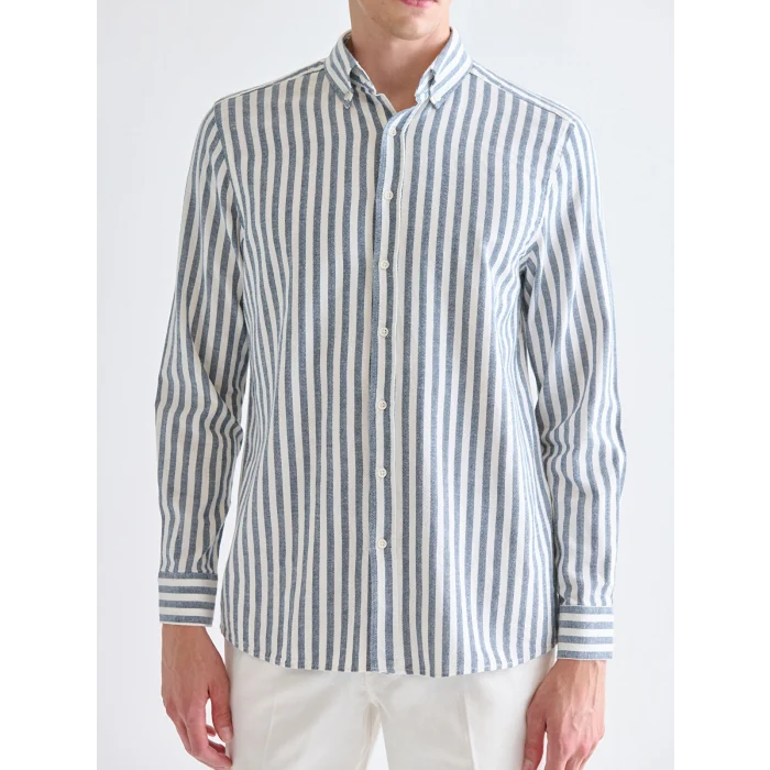 SOUTHBLUE Lacivert Regular Fit Çizgili Keten Görünümlü Erkek Gömlek