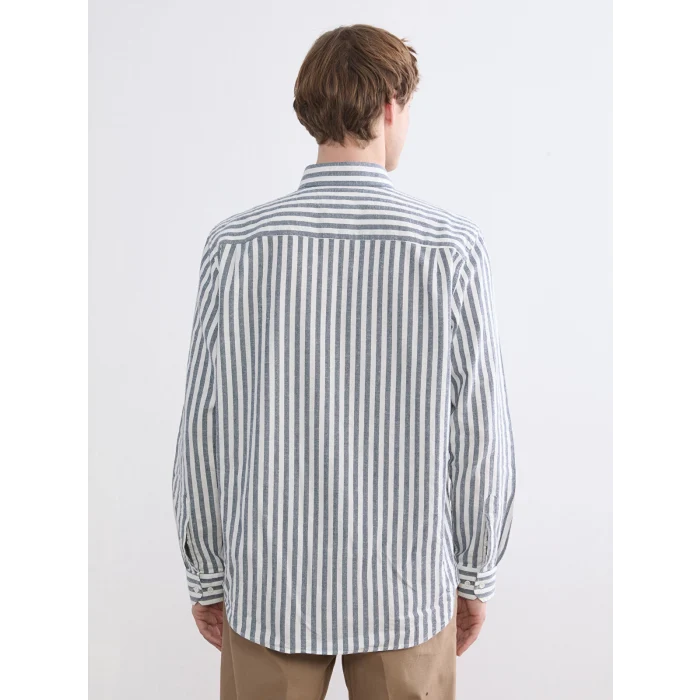 SOUTHBLUE Lacivert Regular Fit Çizgili Keten Görünümlü Erkek Gömlek
