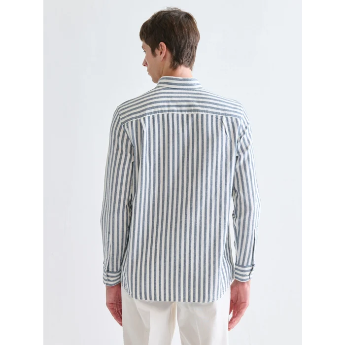 SOUTHBLUE Lacivert Regular Fit Çizgili Keten Görünümlü Erkek Gömlek