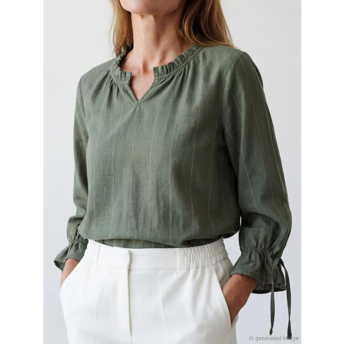 LCW Grace Haki Fırfırlı Kaçık Yaka Çizgili Bluz