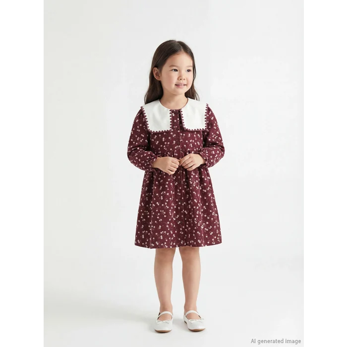 LCW Kids Bordo Bebe Yaka Çiçekli Kız Çocuk Elbise