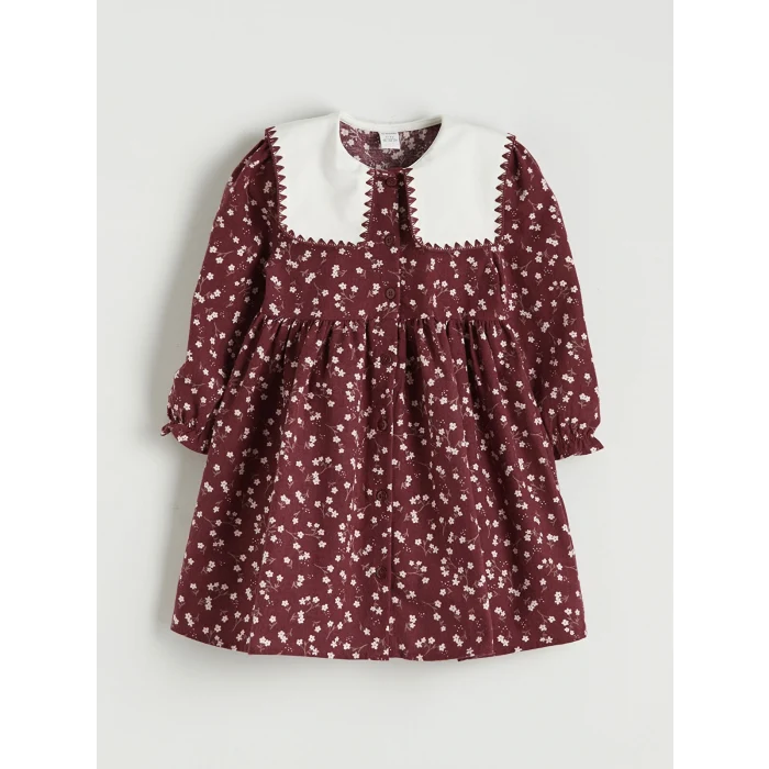 LCW Kids Bordo Bebe Yaka Çiçekli Kız Çocuk Elbise