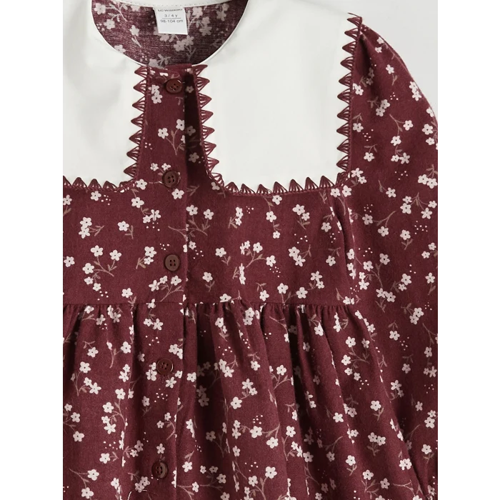 LCW Kids Bordo Bebe Yaka Çiçekli Kız Çocuk Elbise