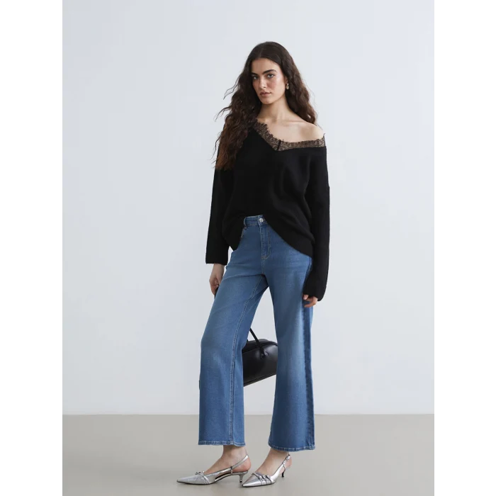 LCWAIKIKI Classic İndigo Yüksek Bel Wideleg Kadın Jean Pantolon