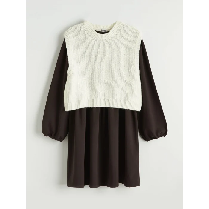 LCW Kids Ekru Bisiklet Yaka Kız Çocuk Elbise ve Triko Süveter