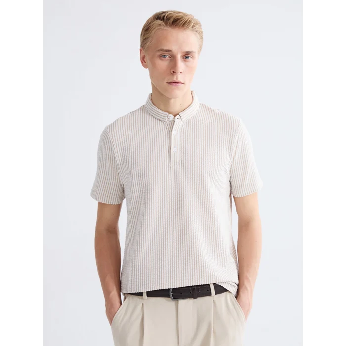 LCW Vision Bej Hakim Yaka Çizgili Erkek Tişört