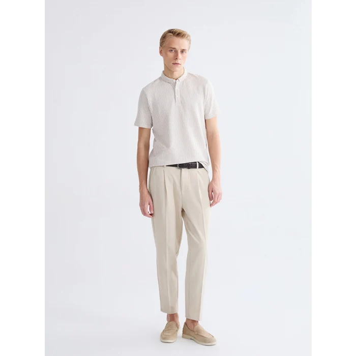 LCW Vision Bej Hakim Yaka Çizgili Erkek Tişört