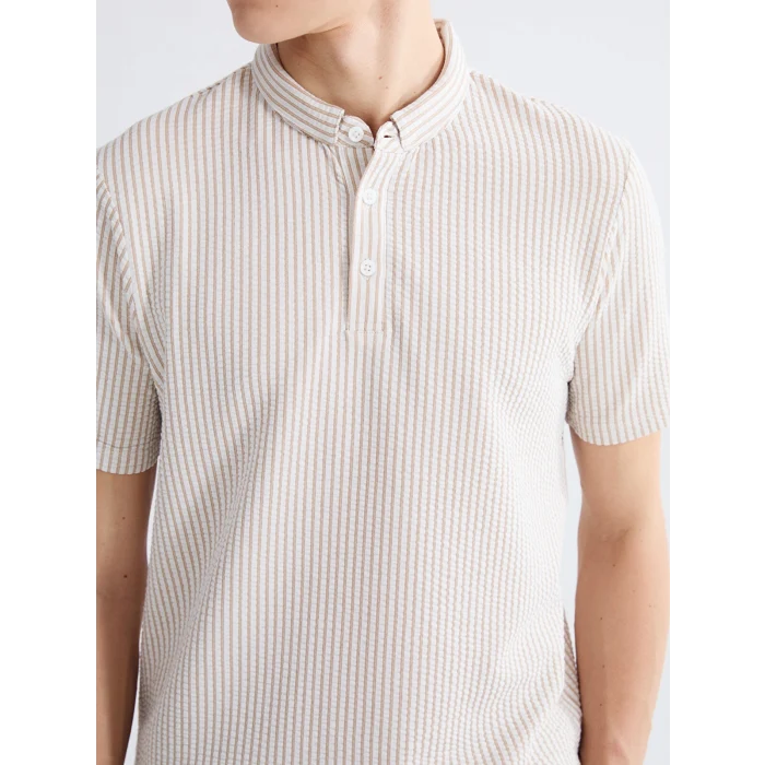 LCW Vision Bej Hakim Yaka Çizgili Erkek Tişört