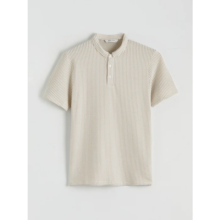 LCW Vision Bej Hakim Yaka Çizgili Erkek Tişört