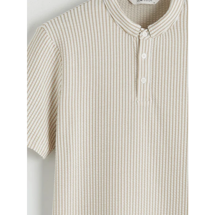LCW Vision Bej Hakim Yaka Çizgili Erkek Tişört