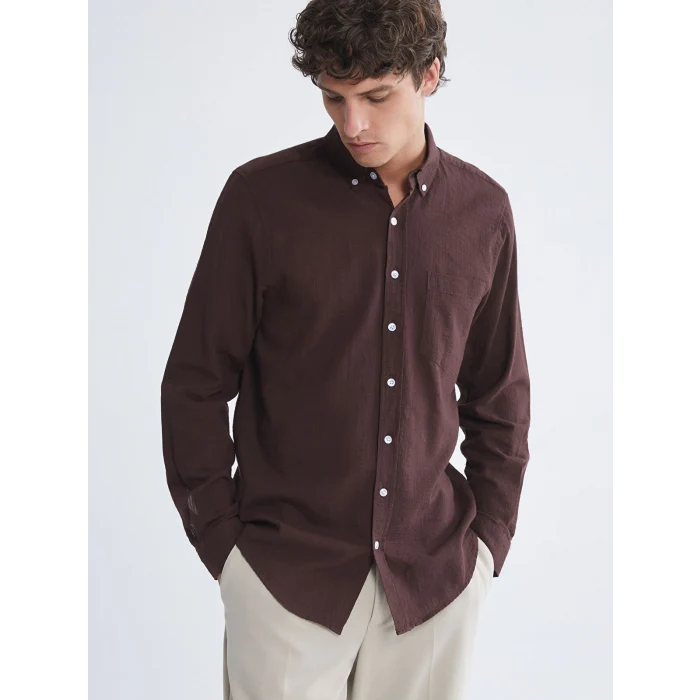 LCWAIKIKI Classic Kahverengi Regular Fit Uzun Kollu Erkek Dokulu Gömlek