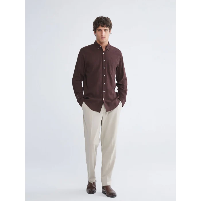 LCWAIKIKI Classic Kahverengi Regular Fit Uzun Kollu Erkek Dokulu Gömlek