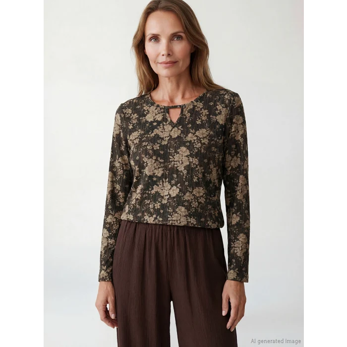 LCW Grace Siyah Bisiklet Yaka Çiçekli Bluz