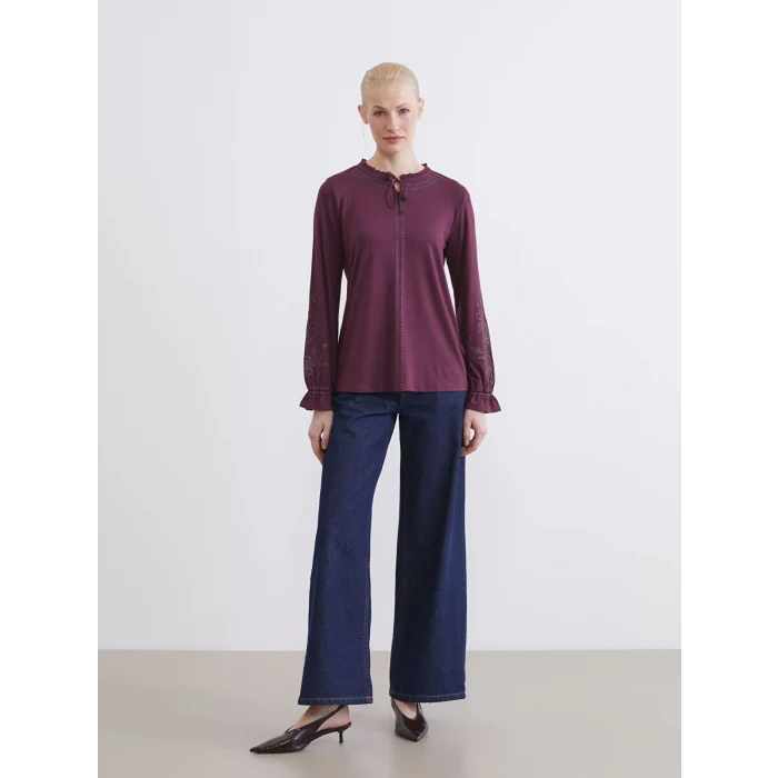 LCW Grace Mürdüm Bağlama Yaka Fırfırlı Desenli Bluz