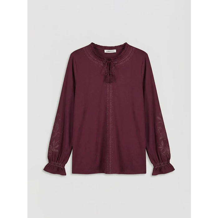 LCW Grace Mürdüm Bağlama Yaka Fırfırlı Desenli Bluz