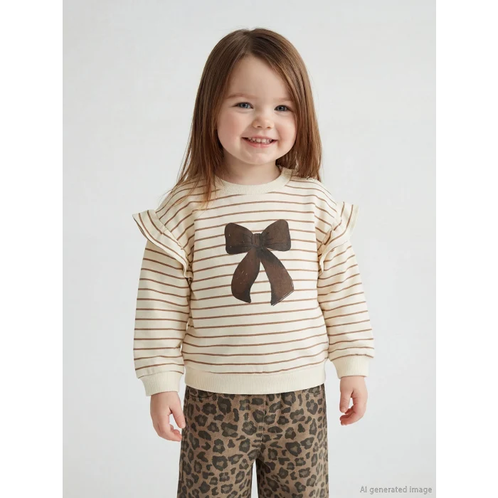 LCW baby Ekru Bisiklet Yaka Baskılı Kız Bebek Sweatshirt