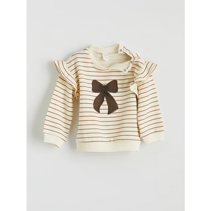 LCW baby Ekru Bisiklet Yaka Baskılı Kız Bebek Sweatshirt