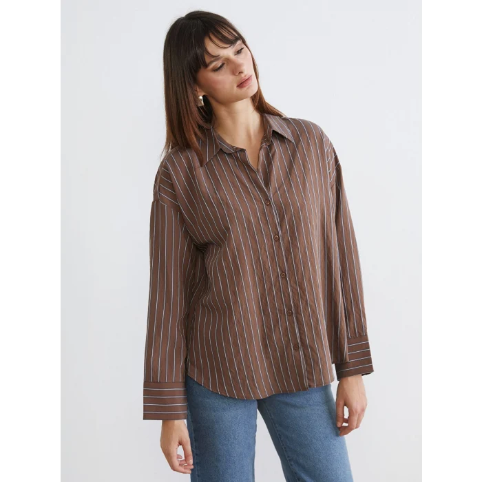 LCW Vision Kahverengi Çizgili Oversize Kadın Gömlek
