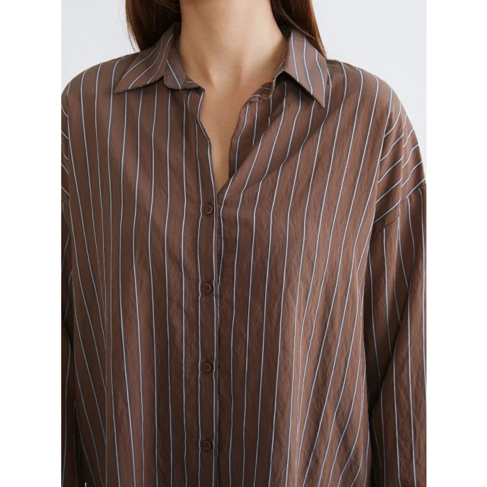 LCW Vision Kahverengi Çizgili Oversize Kadın Gömlek