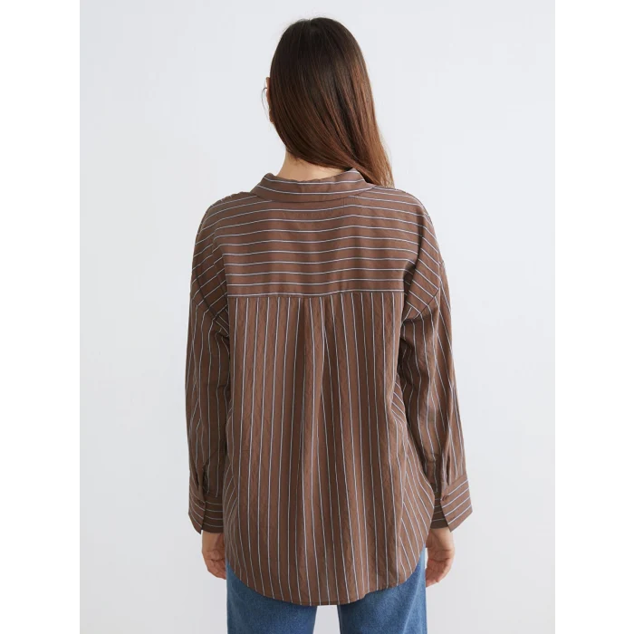 LCW Vision Kahverengi Çizgili Oversize Kadın Gömlek