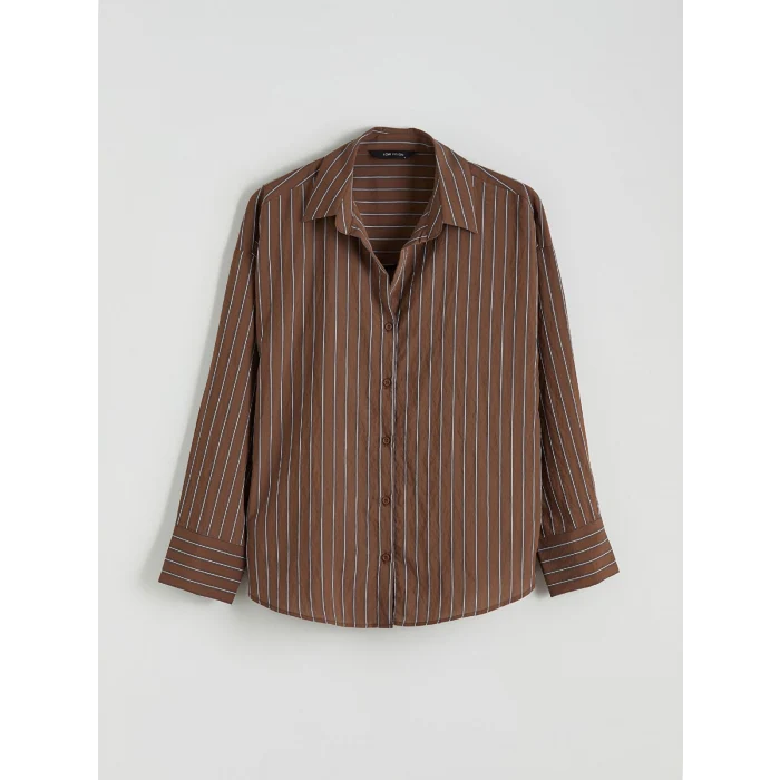 LCW Vision Kahverengi Çizgili Oversize Kadın Gömlek