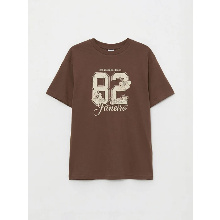 LCW Kids Kahverengi Bisiklet Yaka Baskılı Kız Çocuk Tişört