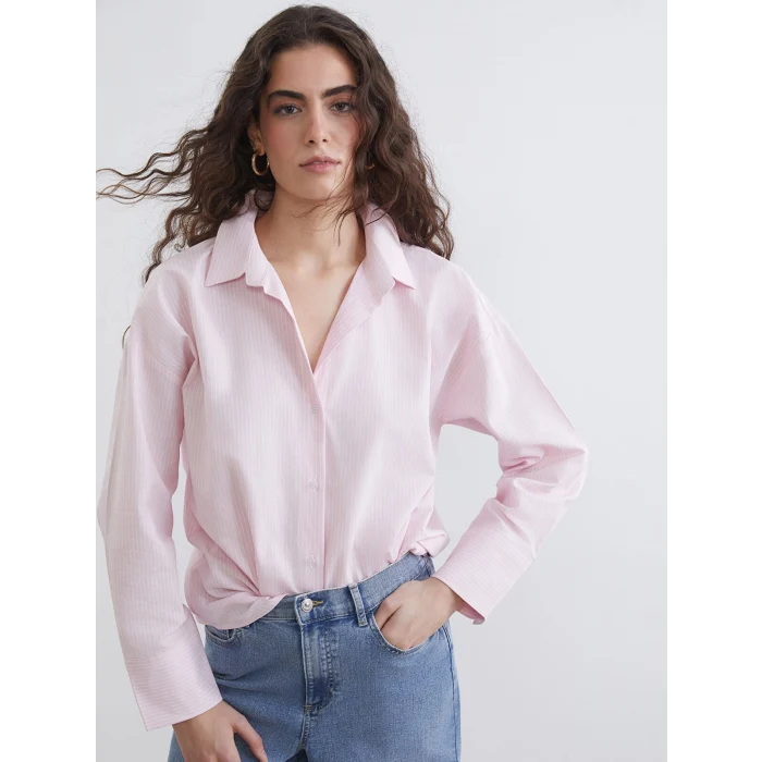 LCW Vision Pembe Çizgili Oversize Oxford Kadın Gömlek