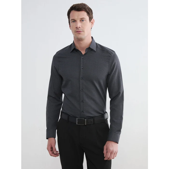 LCWAIKIKI Classic Gri Slim Fit Desenli Armürlü Erkek Gömlek