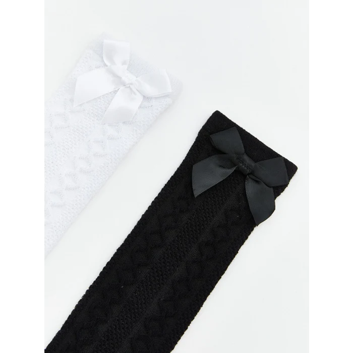 LCW Kids Beyaz Fiyonk Detaylı Kız Çocuk Diz Altı Çorap 2li