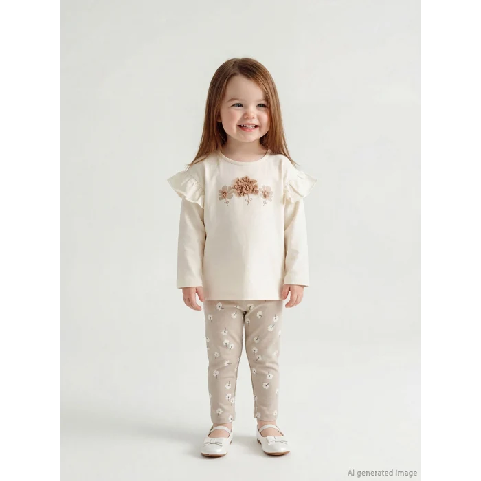 LCW baby Ekru Çiçek Baskılı Kız Bebek Tişört ve Eşofman Alt Takım